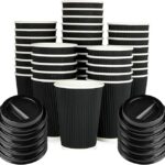 Pack of 50 Black Triple Wall Ripple Paper Coffee Cups with Lids – 8 Ounce