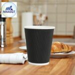 Set of 50 Black Triple Wall Ripple Paper Coffee Cups with Lids – 12 oz Hot Drink Cups